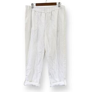 J Jill Pure Jill Linen Pants Womens L White Pull On Elastic Waist Roll Tab Hem
